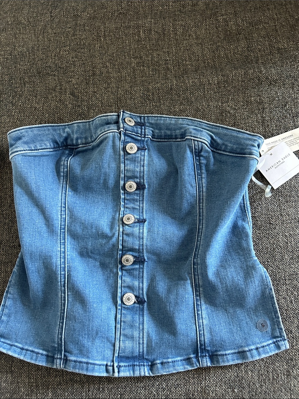 American Eagle Denim Button-Front Strapless Corset Top - Blue